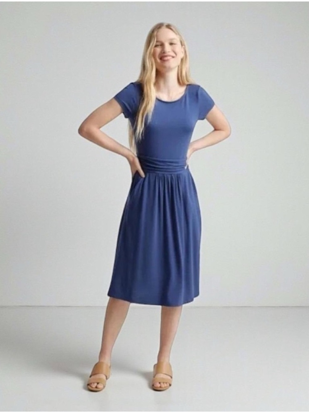 NWT Quince Tencel Jersey Ruched Waist Dress Womens Size Small Navy